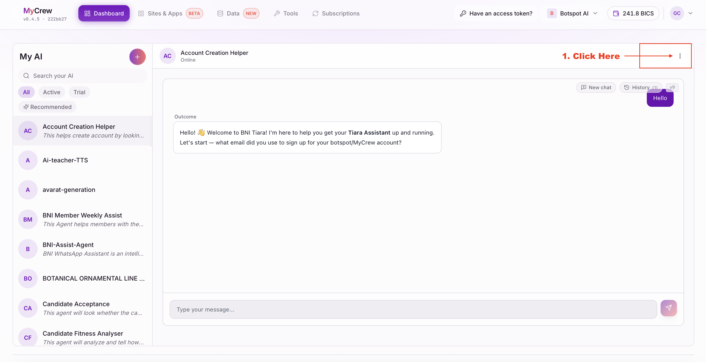 An agent open in MyCrew with the three-dot menu at the top right about to be clicked