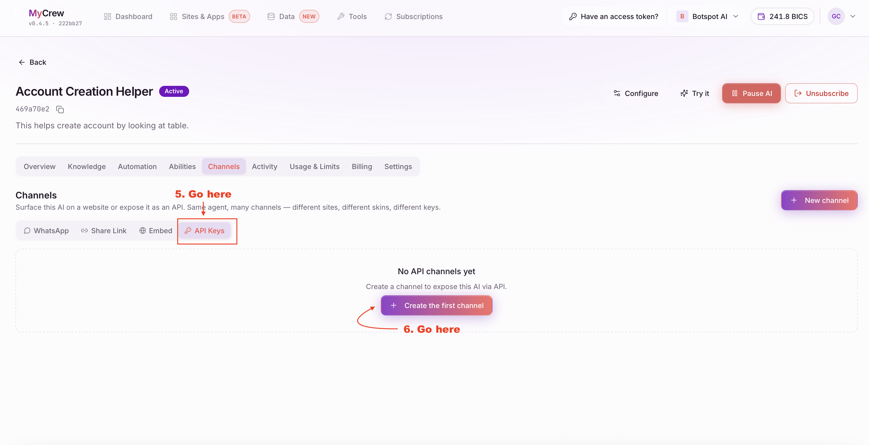 The API Keys sub-tab with no channels yet and a Create the first channel button