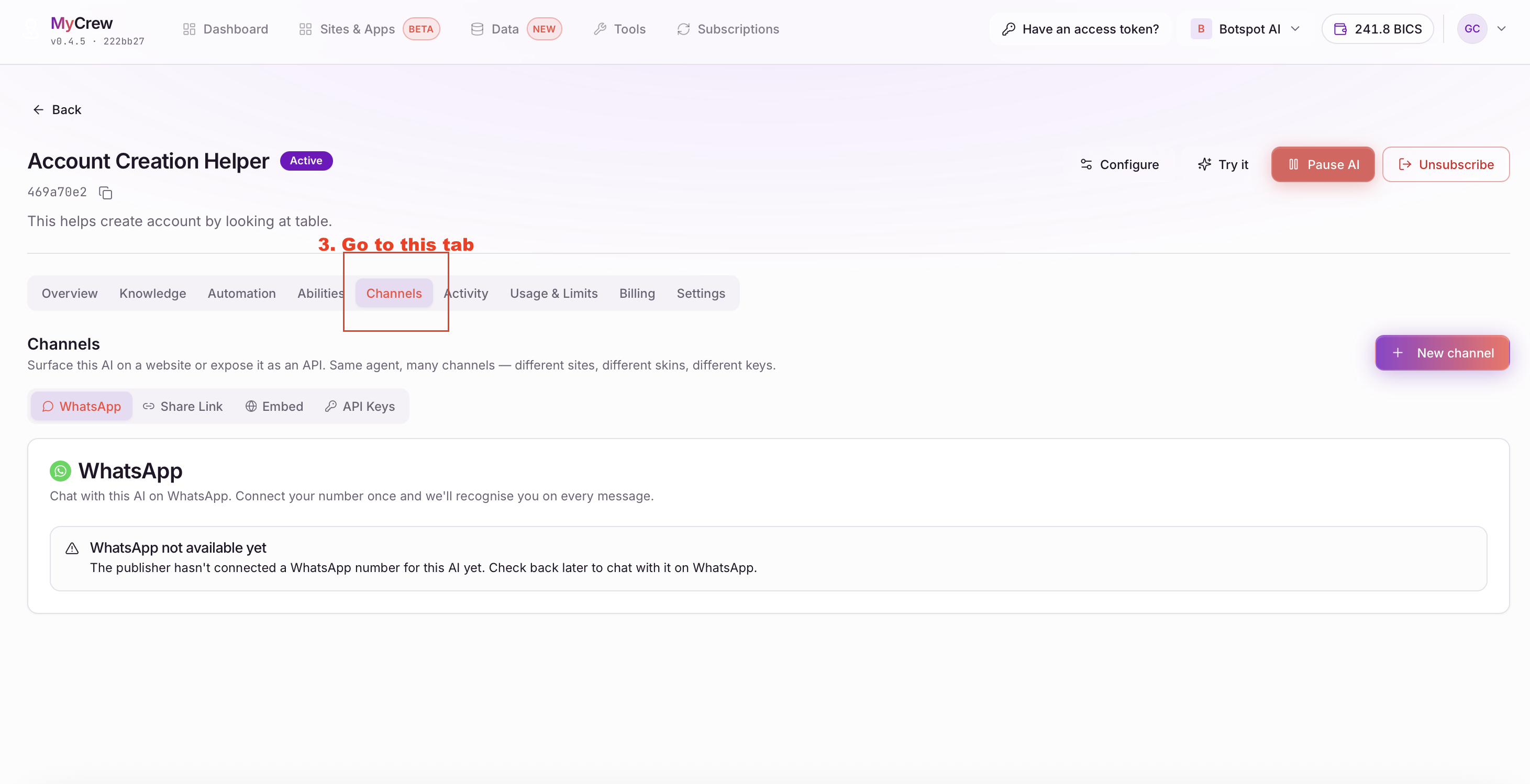 The Channels tab on the agent page, with WhatsApp, Share Link, Embed and API Keys sub-tabs