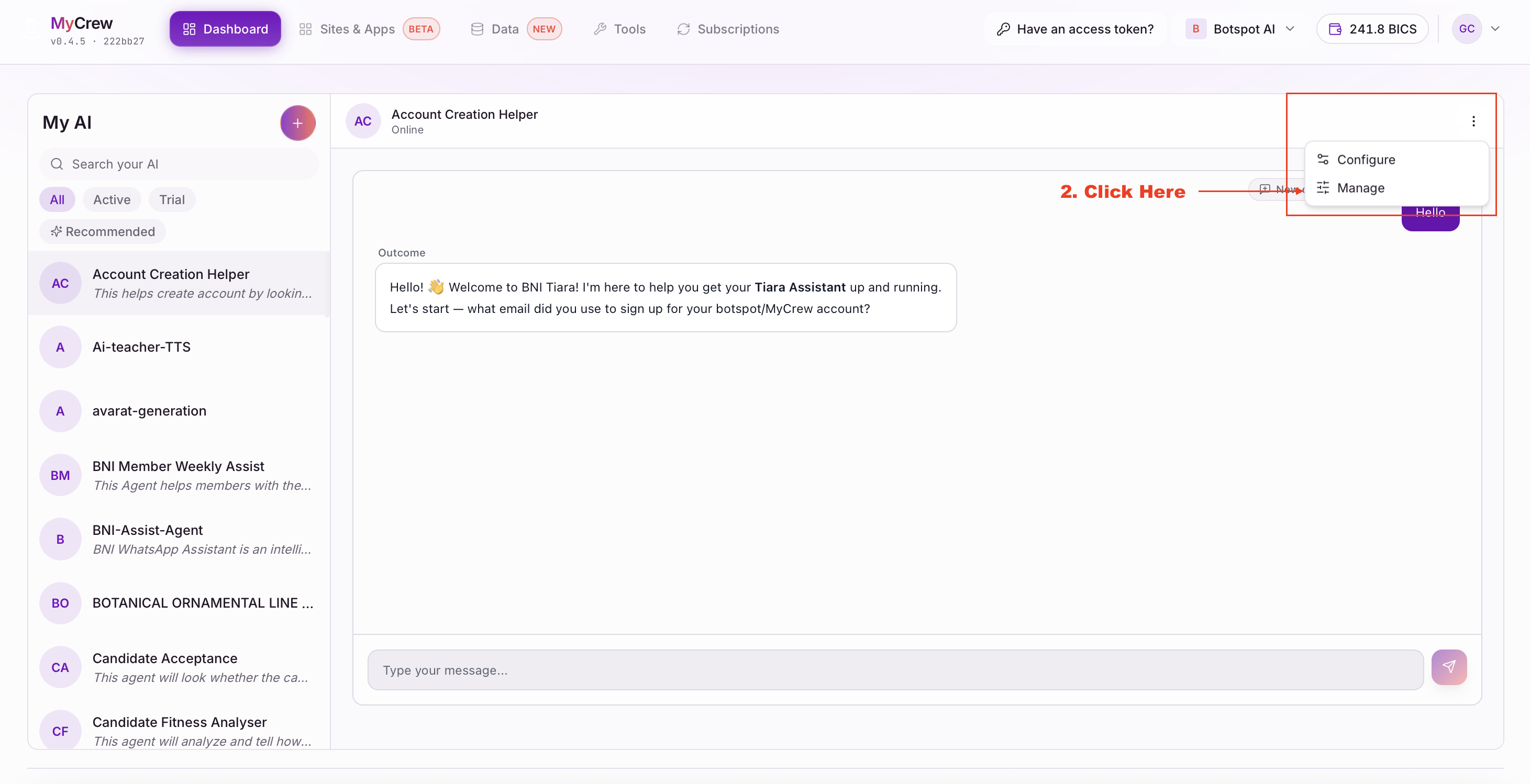 The three-dot menu open showing Configure and Manage options