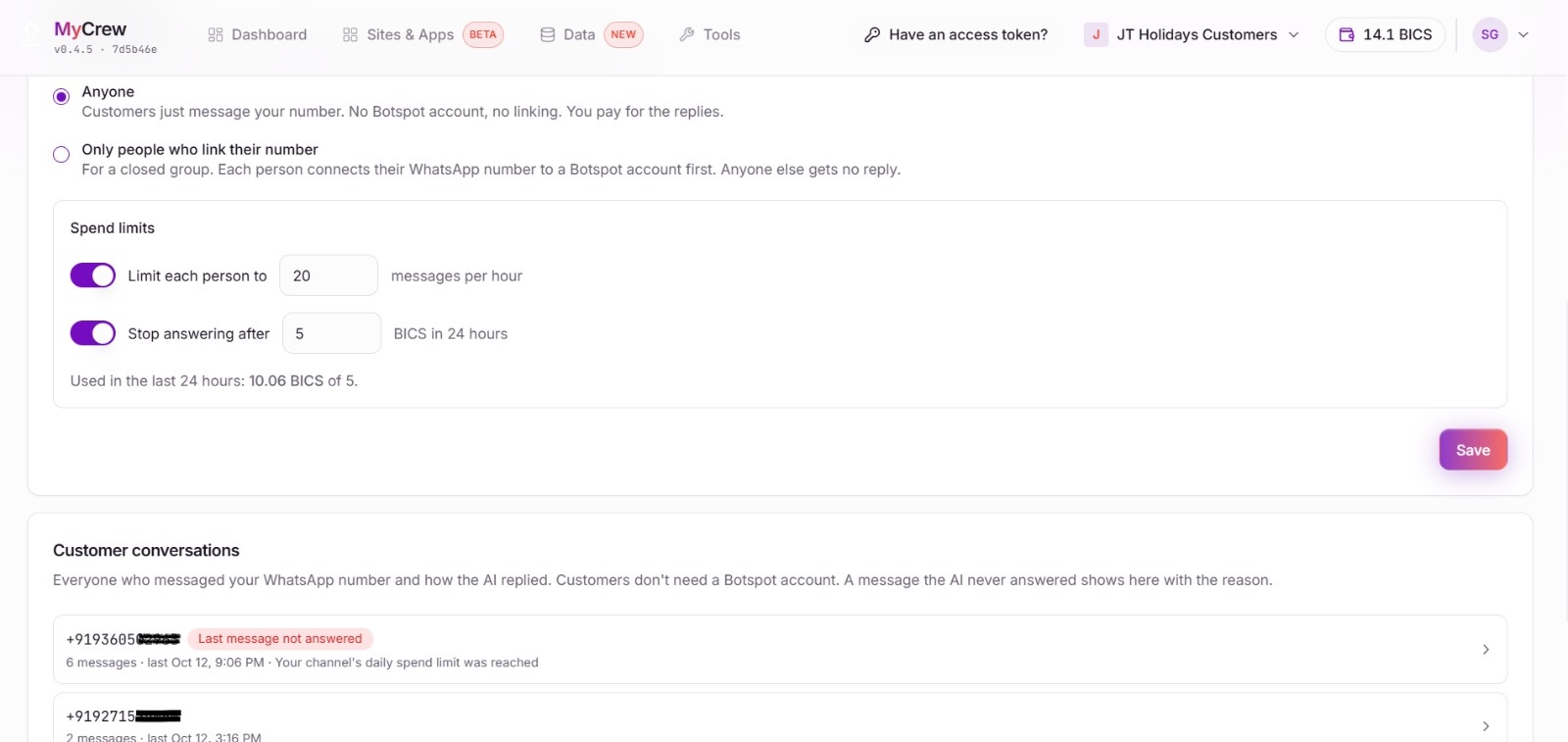 The Customer conversations card in MyCrew listing customers with a Last message not answered badge