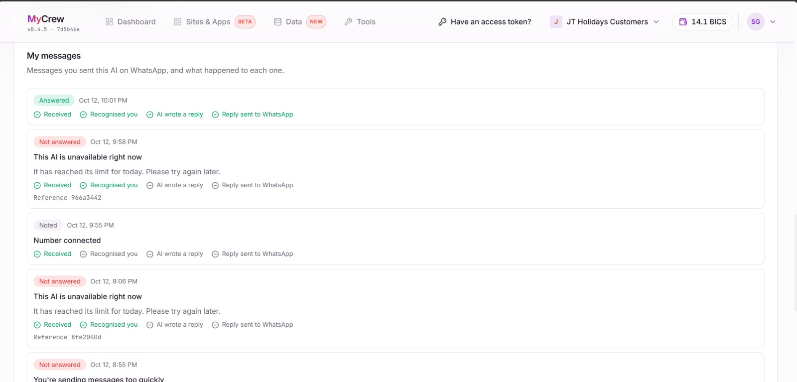 The My messages card in MyCrew showing a customer their own messages, which were answered and which were not, with a reason and reference code