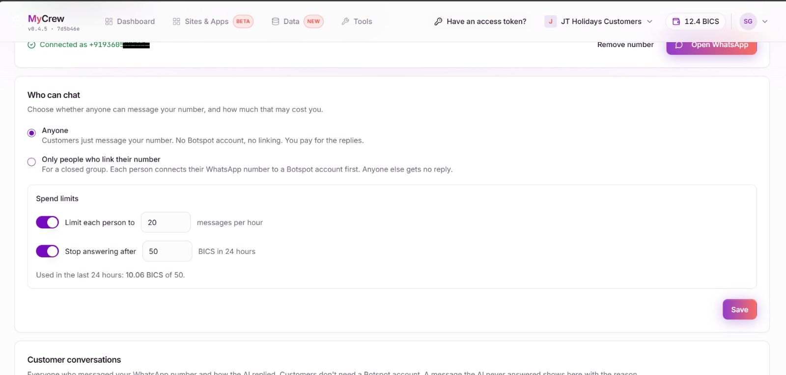 The Who can chat card in MyCrew with Anyone selected and two spend limits