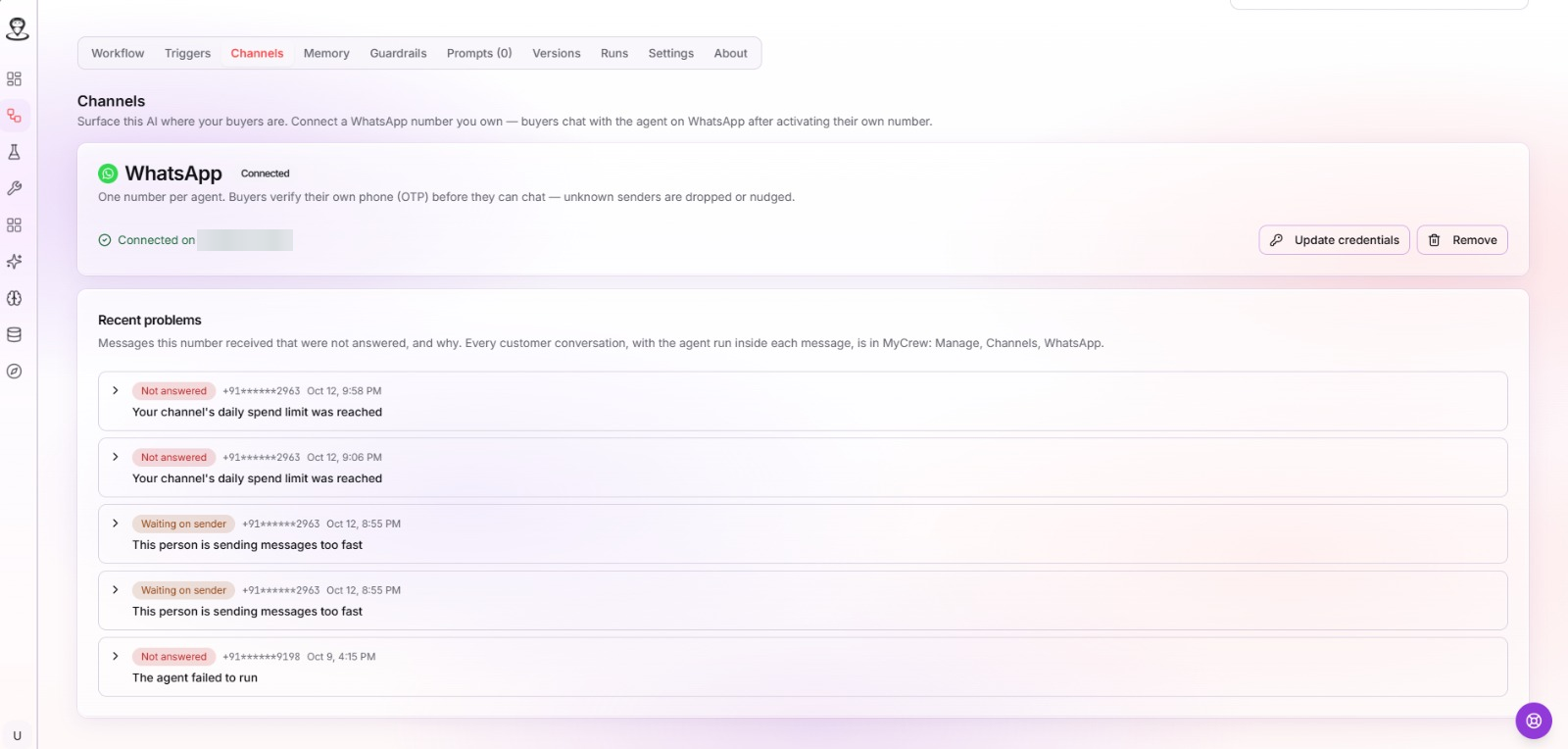 The Channels tab in Workbench showing the Connected badge and a Recent problems list with a reason for each unanswered message
