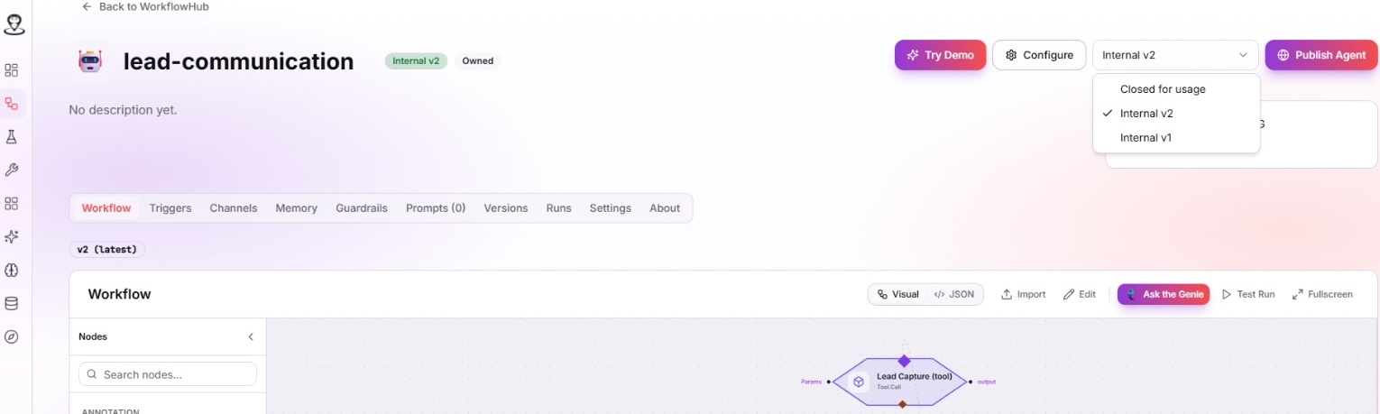 The Choose internal version menu at the top of an agent page in Workbench