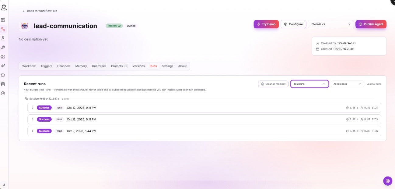 The Runs tab in Workbench listing recent test runs with status, time and cost